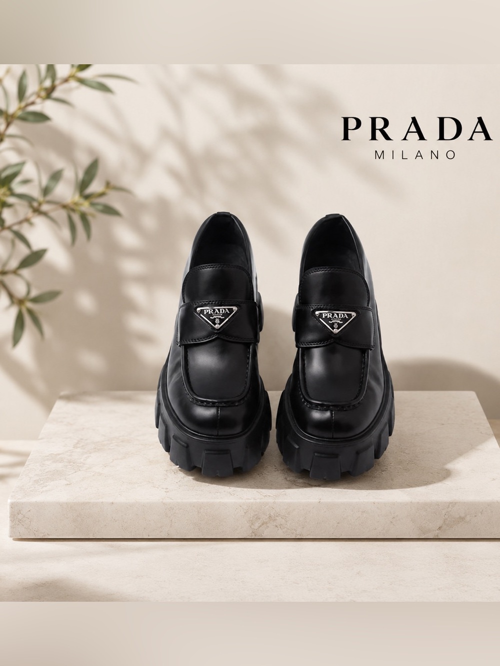 Prada Black Leather Triangle Logo Lug Sole Loafers EU 38 NIB